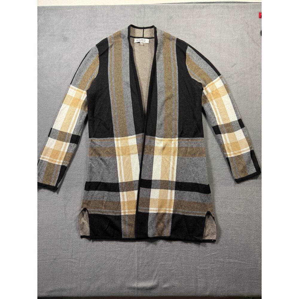 Kasper‎ Long Open Front Cardigan Cotton Blend Plaid Size Small Women's